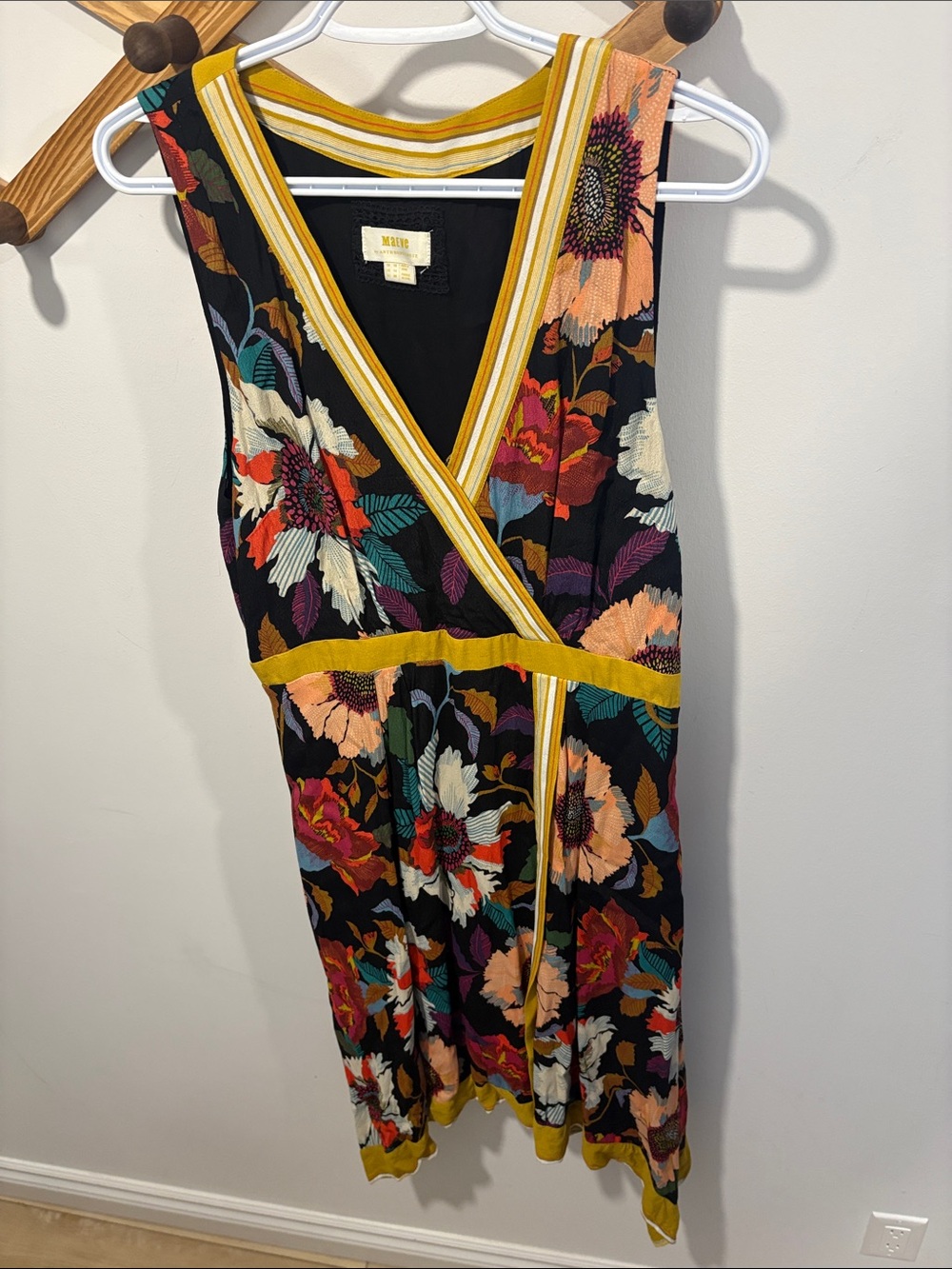 Anthropologie MAEVE Black Floral Midi Dress with Mustard Trim